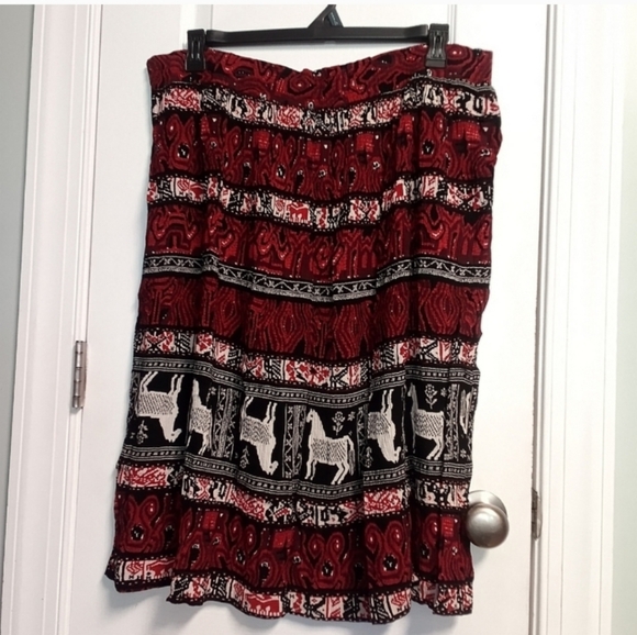 Vintage A.K.F. Burgundy & Black Patterned Midi Skirt SZ 18 Llamas Career Office - Picture 1 of 6